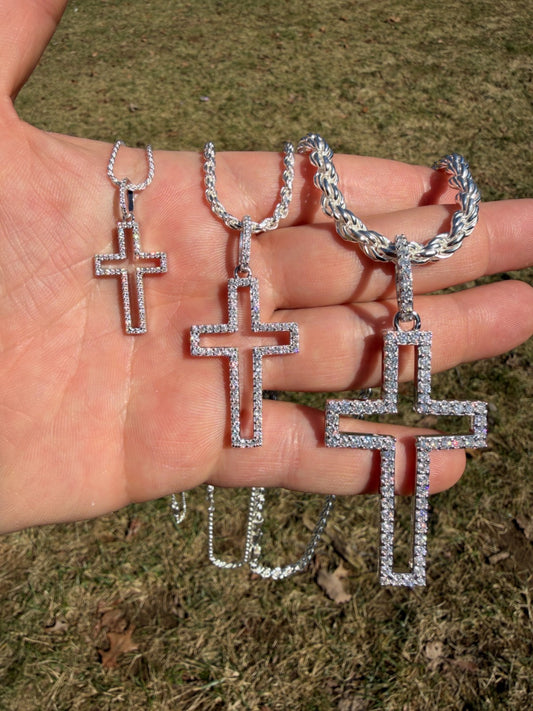 MOISSANITE Classic Cross Cutout Pendant - 925 Silver - 3 Sizes 1.33"-3"