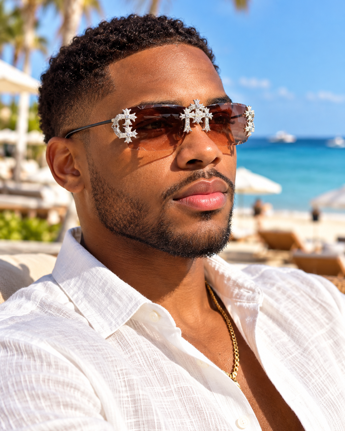 MOISSANITE Hearts Chrome Cross Iced Out Sunglasses - 925 Silver Buffs - Light Brown