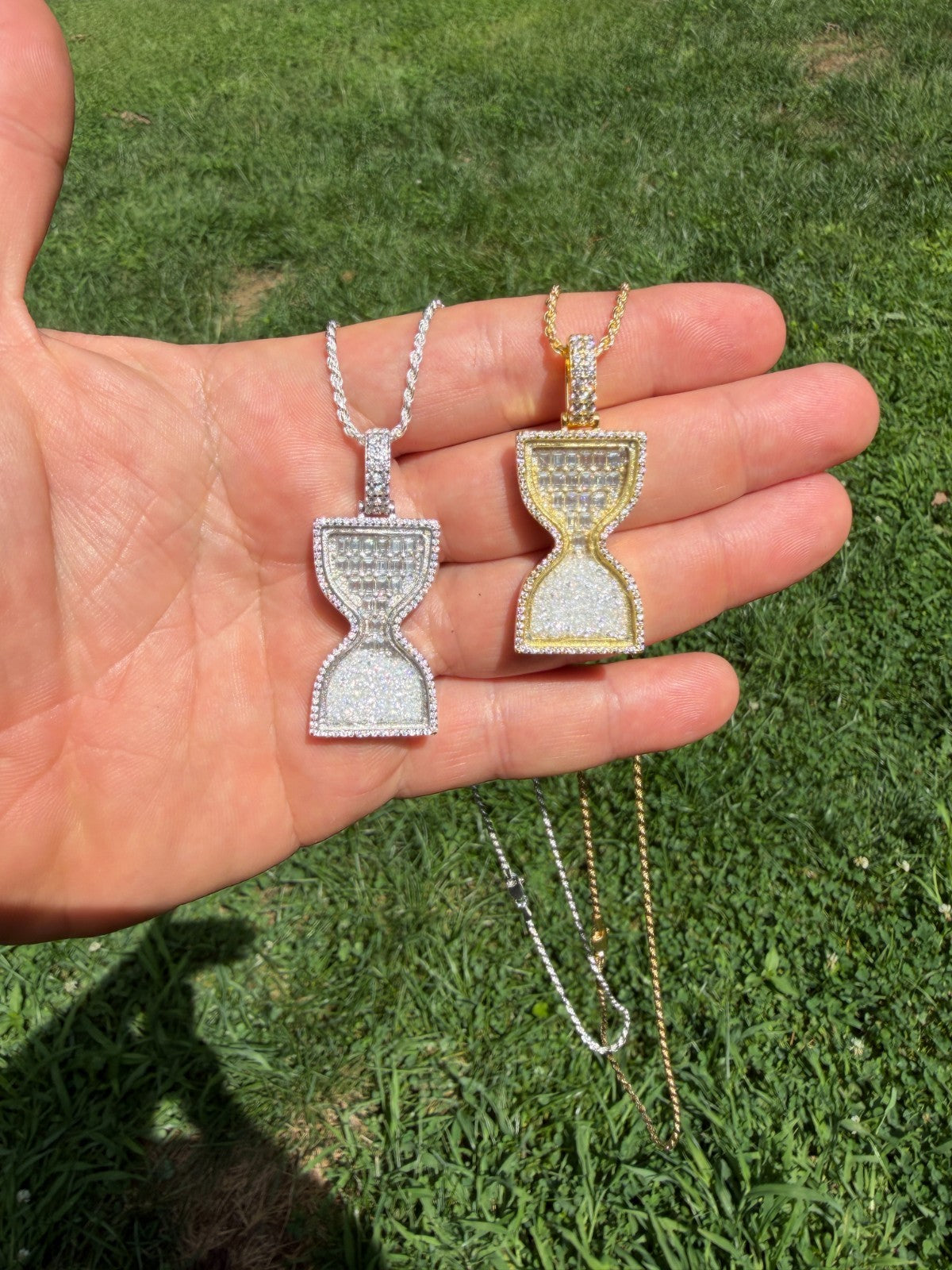 MOISSANITE Floating Diamond Hourglass Pendant - 14k Yellow Gold Vermeil Or 925 Silver - Medium 2"