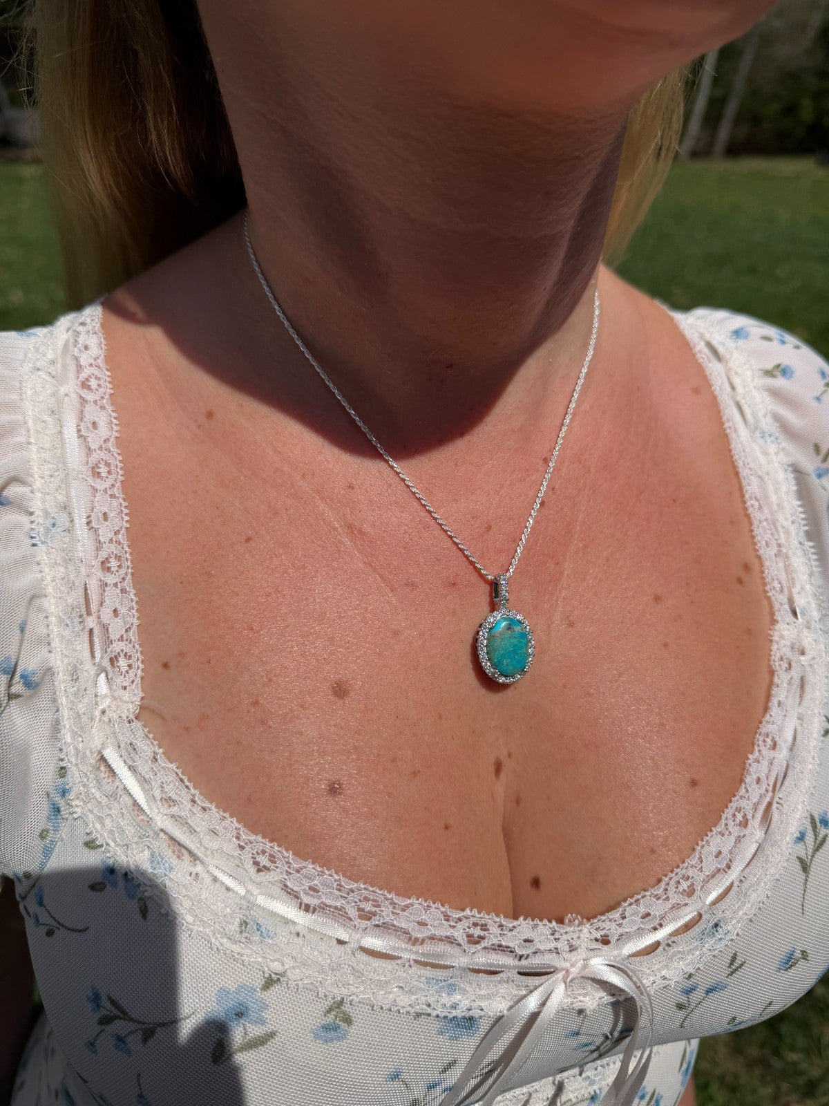 MOISSANITE Royalty Ocean Freeze Pendant - 925 Silver - Oval Genuine Blue Turquoise Stone