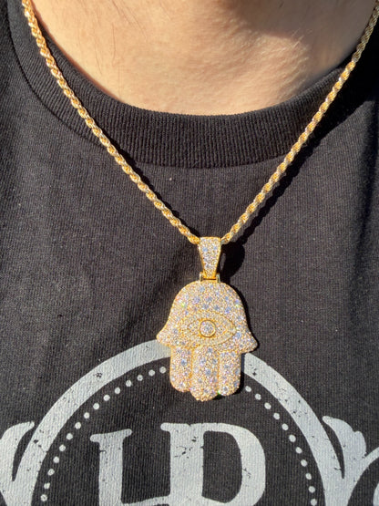 MOISSANITE Mosaic Setting Hamsa W. Evil Eye Pendant - 14k Yellow Gold Vermeil Or 925 Silver - Medium 2"