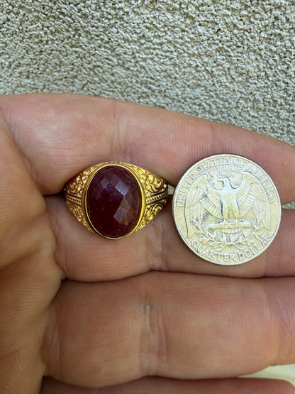 Columbian King Ring - 14k Gold Vermeil 925 Silver - Genuine Red Ruby Stone