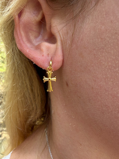 Hearts Of Chrome Studs W. Dangle Cross Earrings - 14k Gold Vermeil 925 Silver