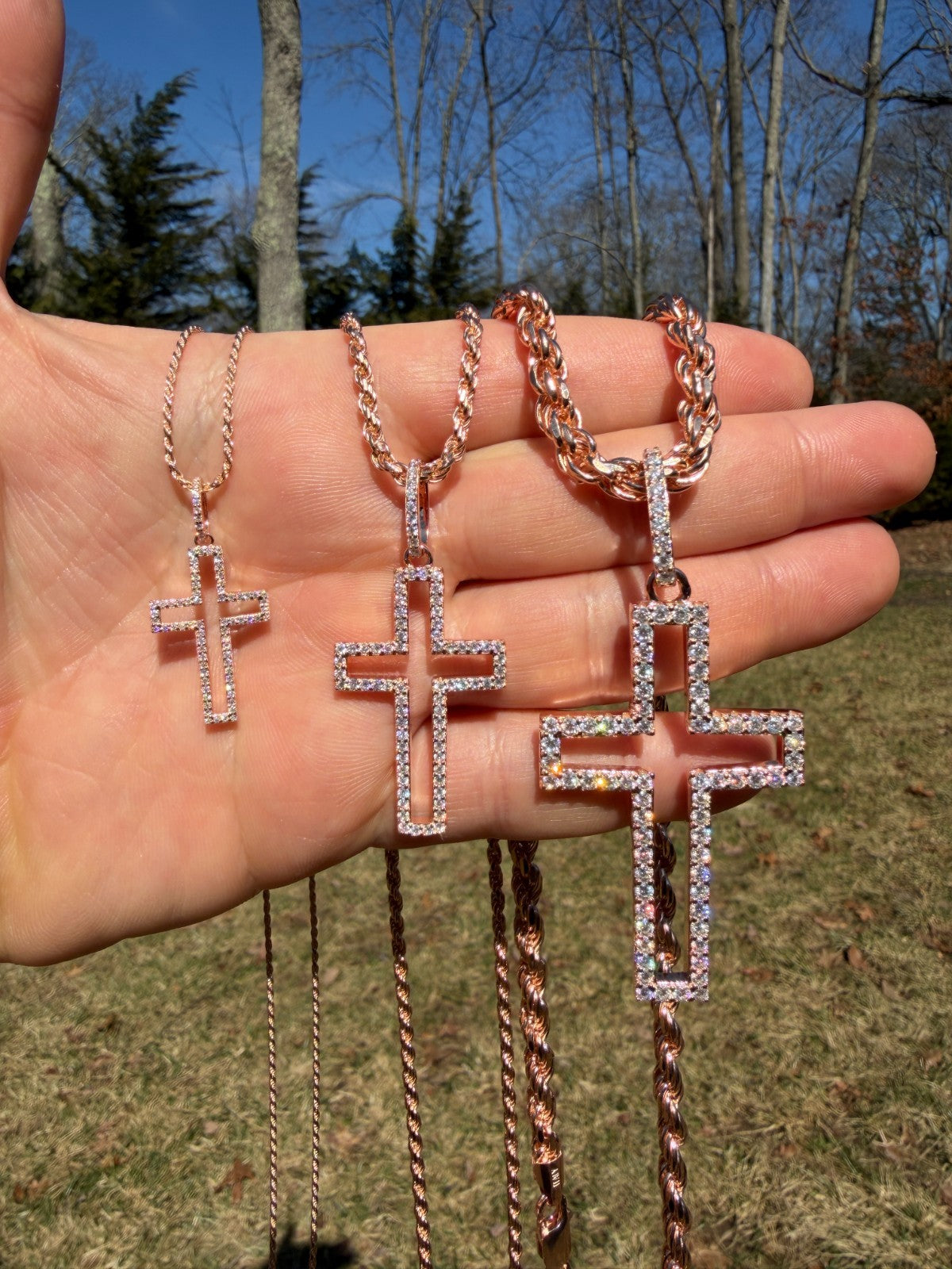 MOISSANITE Classic Cross Cutout Pendant - 14k Rose Gold Vermeil 925 Silver - 3 Sizes 1.33"-3"