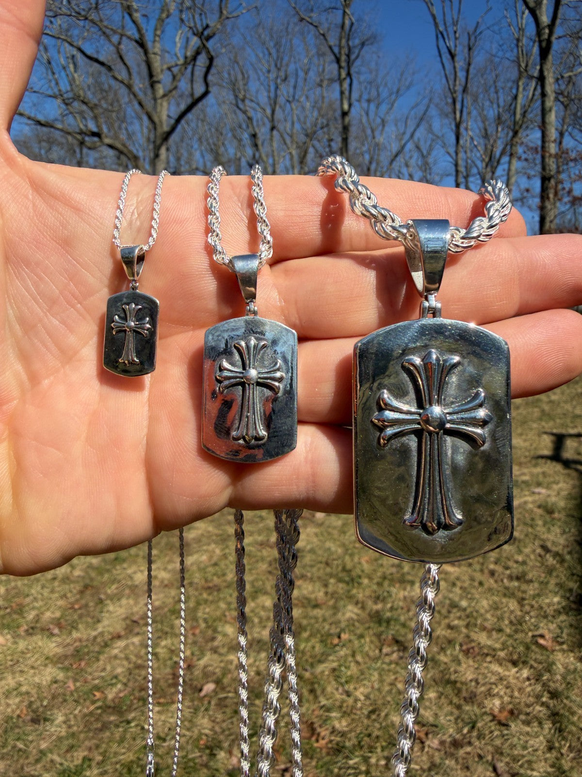 Hearts Chrome Dog Tag Cross Pendant - 925 Silver - 3 Sizes 1"-2.75"