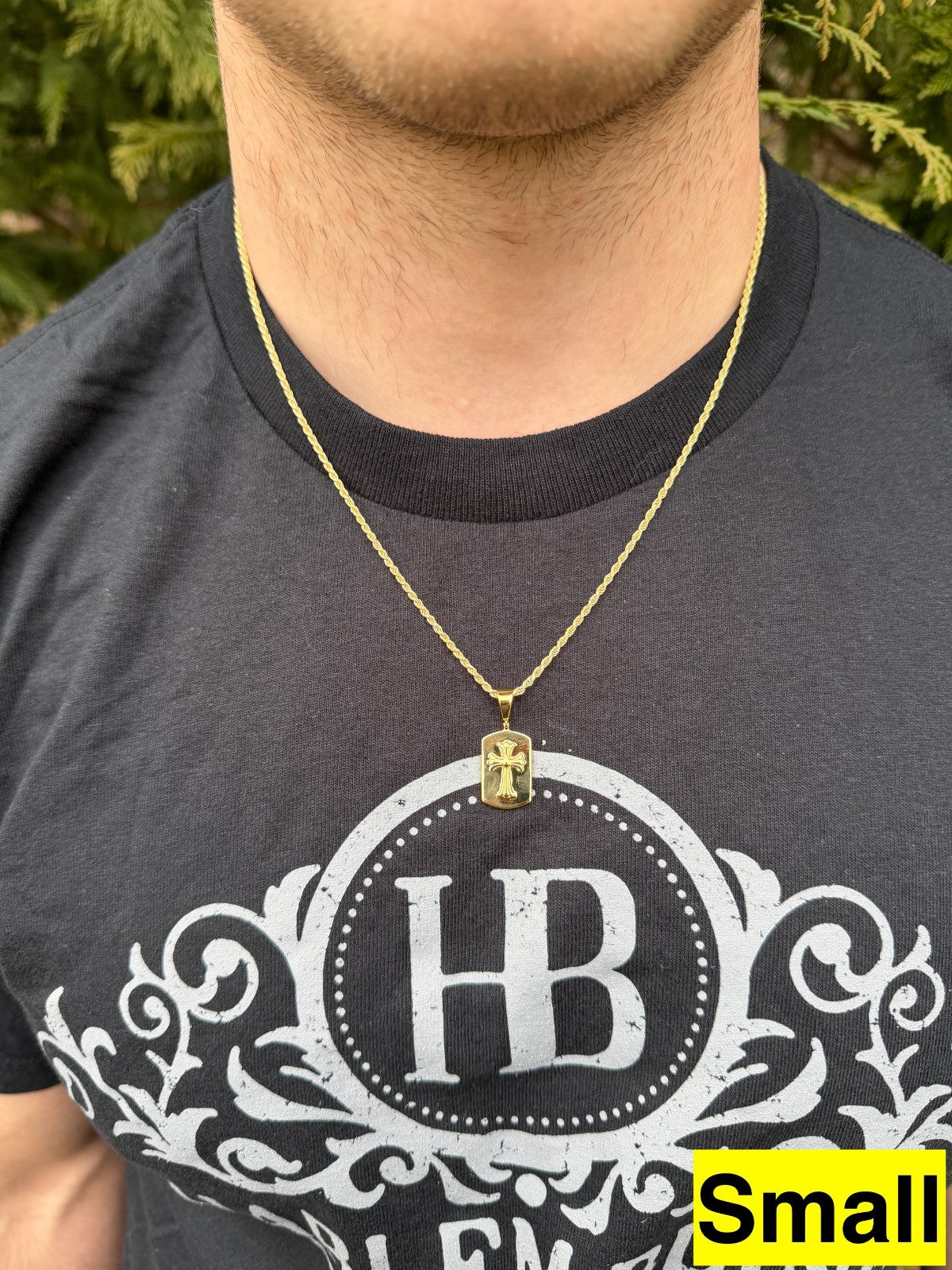 Hearts Chrome Dog Tag Cross Pendant - 14k Gold Vermeil 925 Silver - 3 Sizes 1"-2.75"