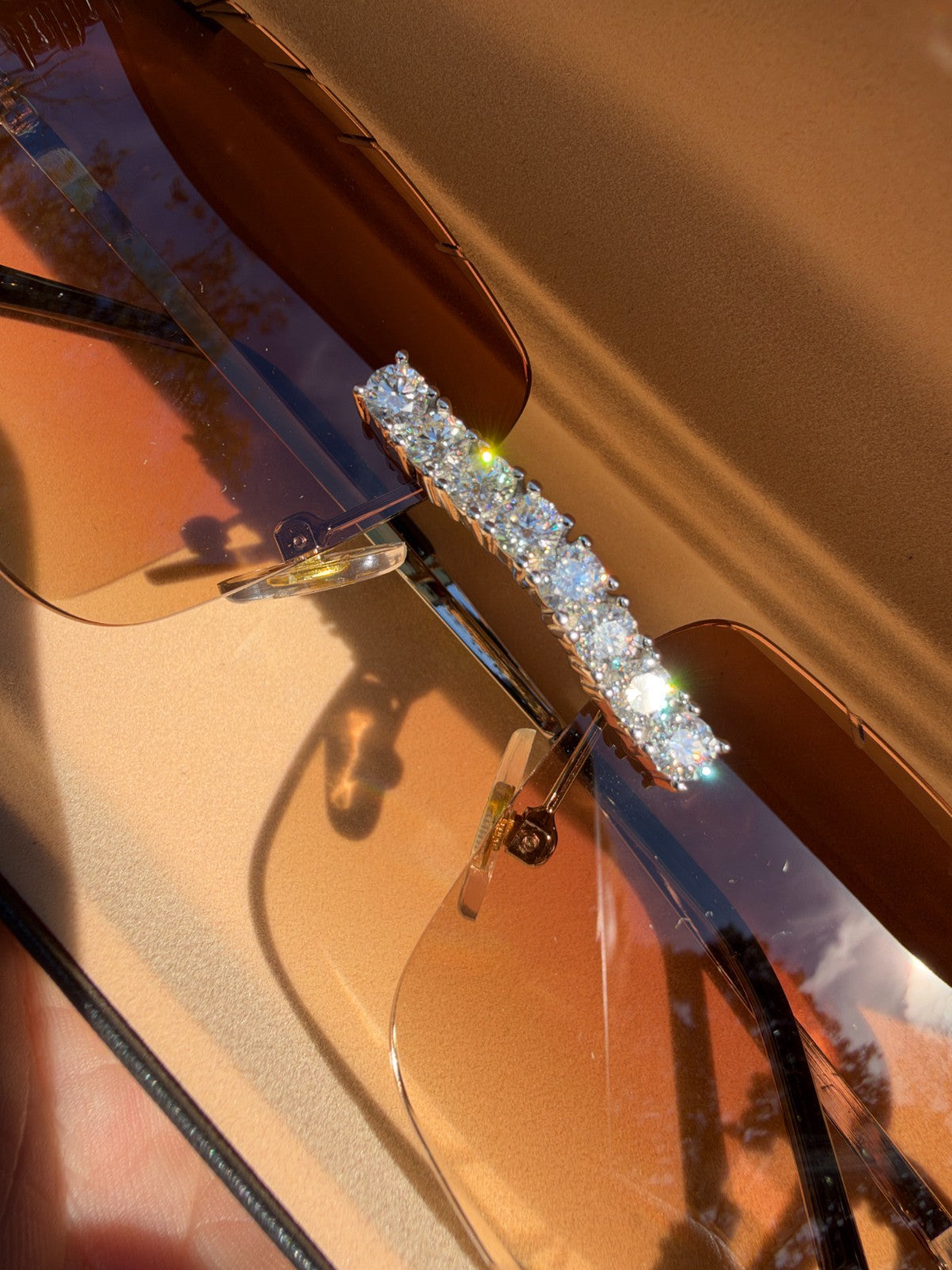 MOISSANITE Big Stone 15ct Iced Out Sunglasses - 925 Silver Buffs - Light Brown