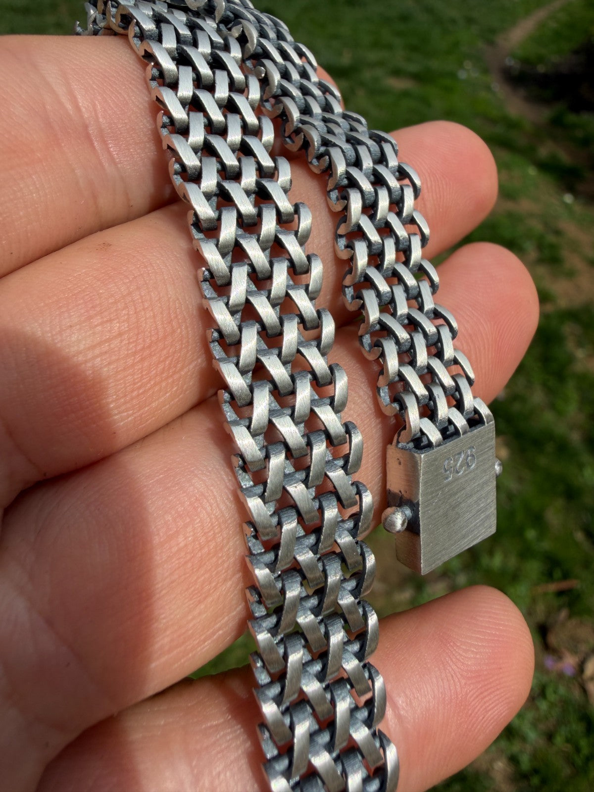Mens Turquoise Wheat Woven Link Bracelet - 925 Sterling Silver - 8.5" - 12mm