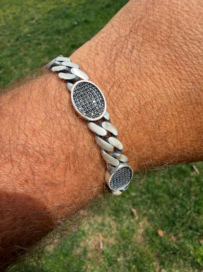 Mens Miami Cuban Link Bracelet W. Iced Out Black CZ Stones - 925 Silver - 8.5" - 12mm
