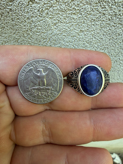 Columbian King Ring - 925 Silver Oxidized - Genuine Blue Sapphire Stone