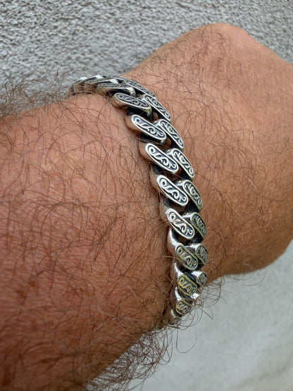 Mens Custom 12mm Hawaiian Scroll Miami Cuban Link Bracelet Real 925 Silver