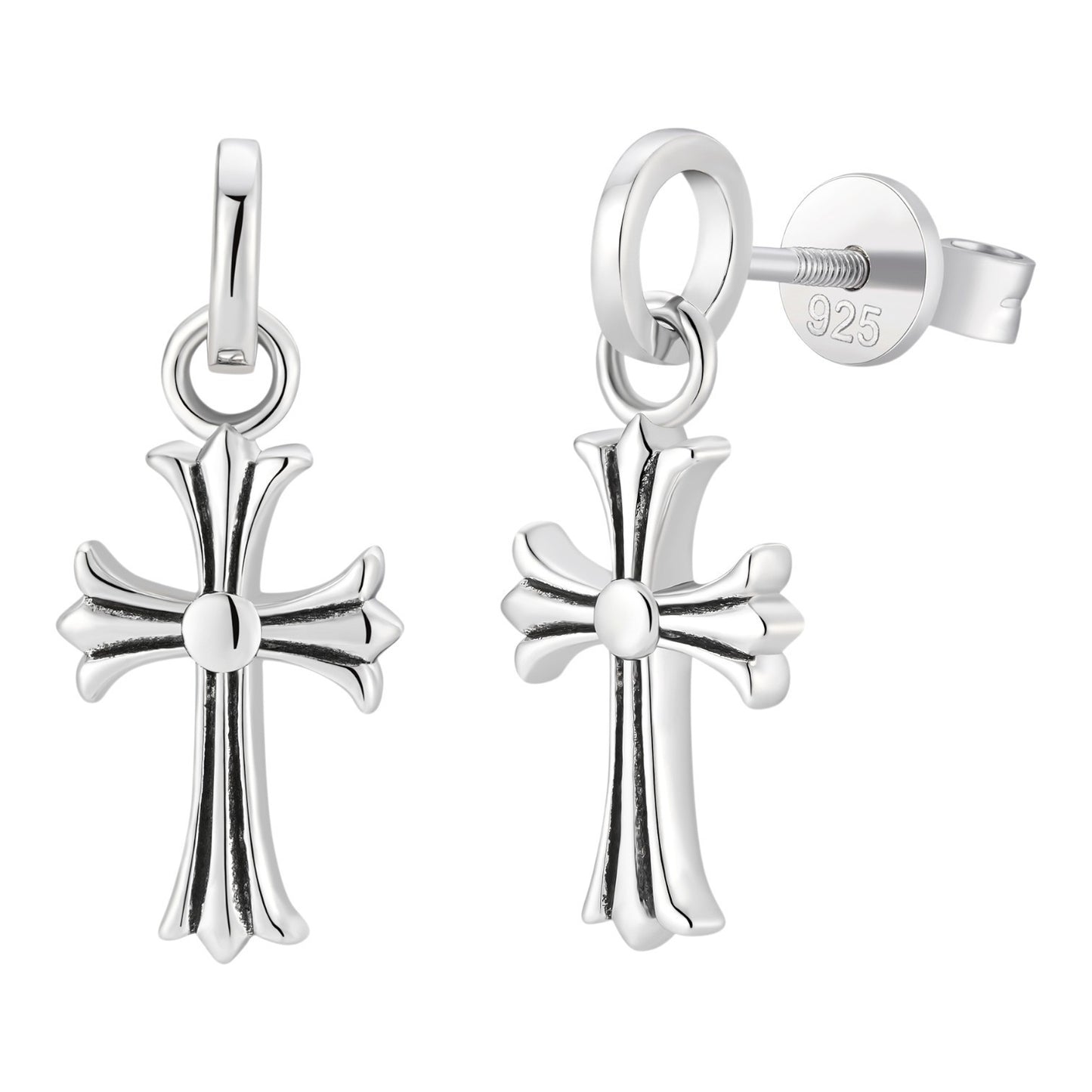 Hearts Of Chrome Studs W. Dangle Cross Earrings - 925 Silver Oxidized