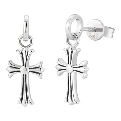 Hearts Of Chrome Studs W. Dangle Cross Earrings - 925 Silver Oxidized