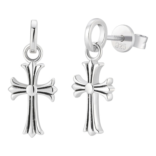 Hearts Of Chrome Studs W. Dangle Cross Earrings - 925 Silver Oxidized
