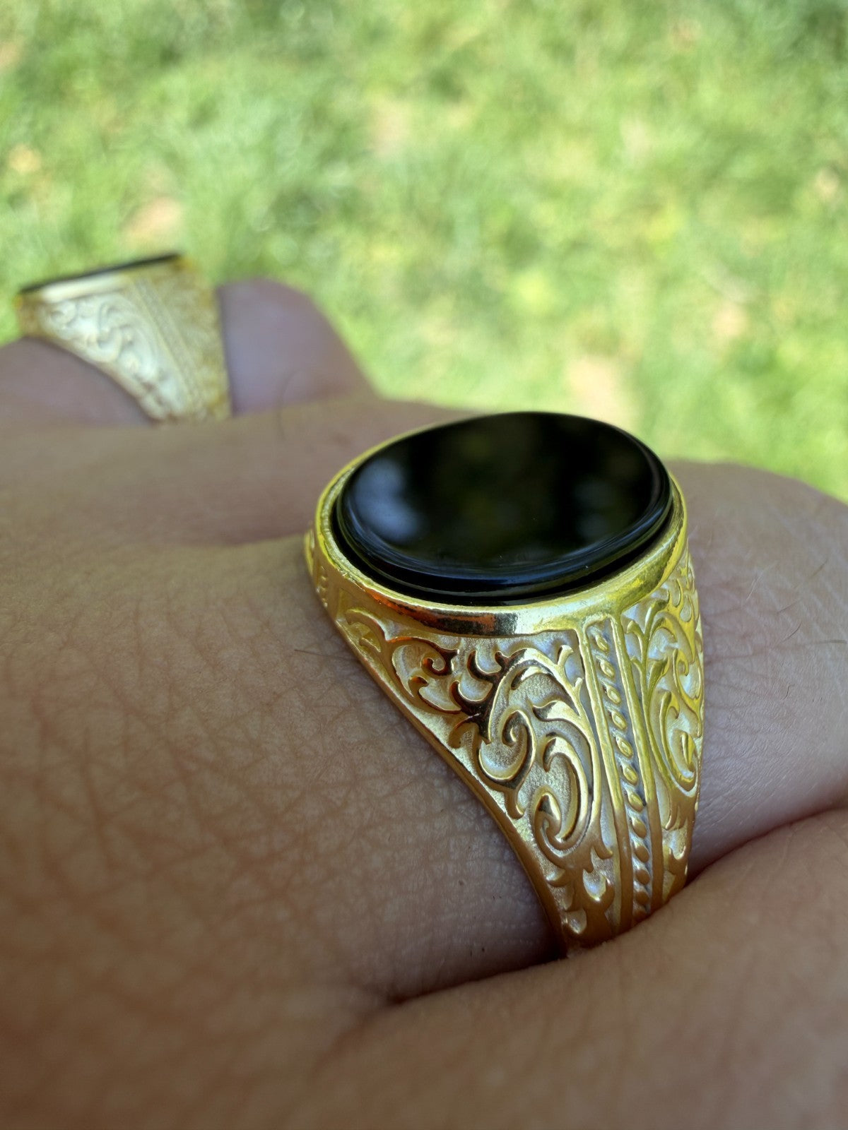 Columbian King Ring - 14k Gold Vermeil 925 Silver - Genuine Black Onyx Stone