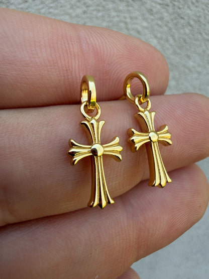 Hearts Of Chrome Studs W. Dangle Cross Earrings - 14k Gold Vermeil 925 Silver