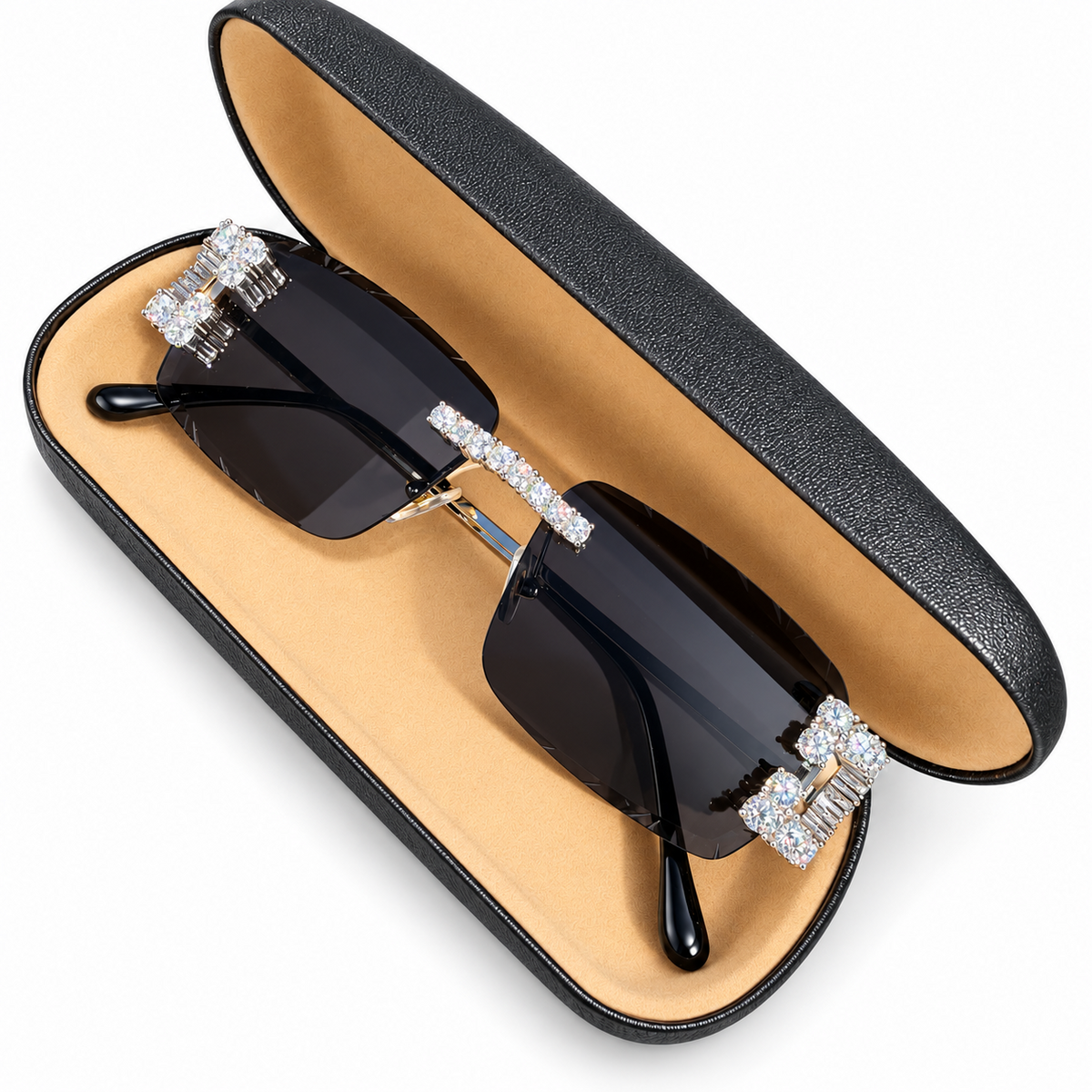MOISSANITE Big Stone 15ct Iced Out Sunglasses - 925 Silver Buffs - Black