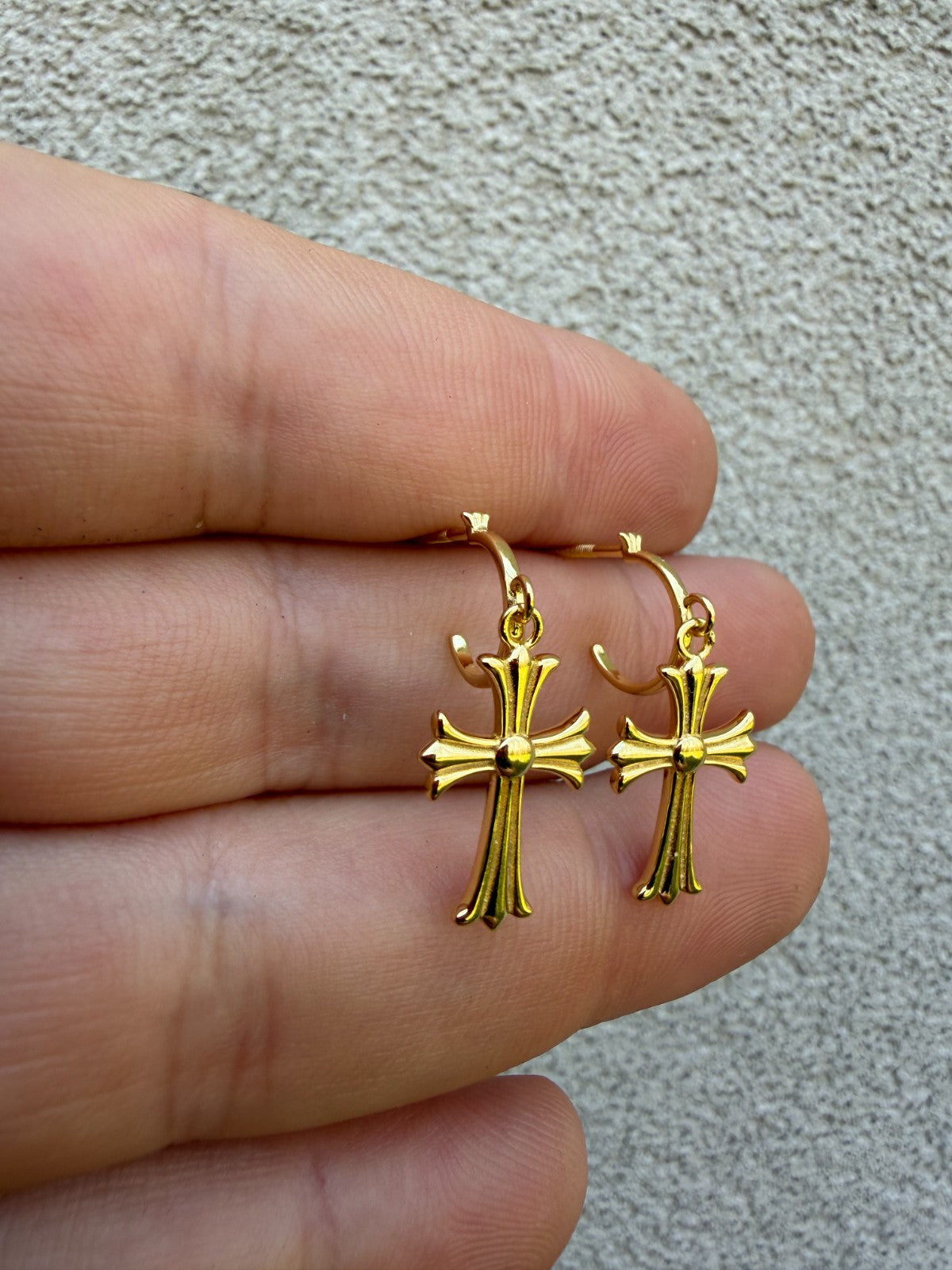 Hearts Of Chrome Huggie Hoops W. Dangle Cross Earrings - 14k Gold Vermeil 925 Silver