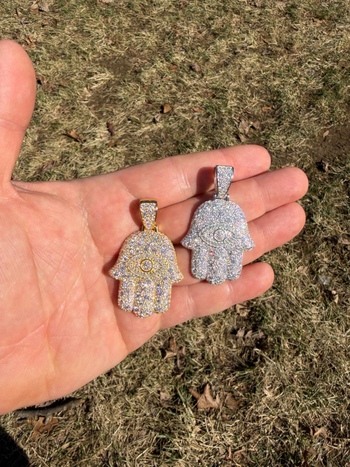 MOISSANITE Mosaic Setting Hamsa W. Evil Eye Pendant - 14k Yellow Gold Vermeil Or 925 Silver - Medium 2"