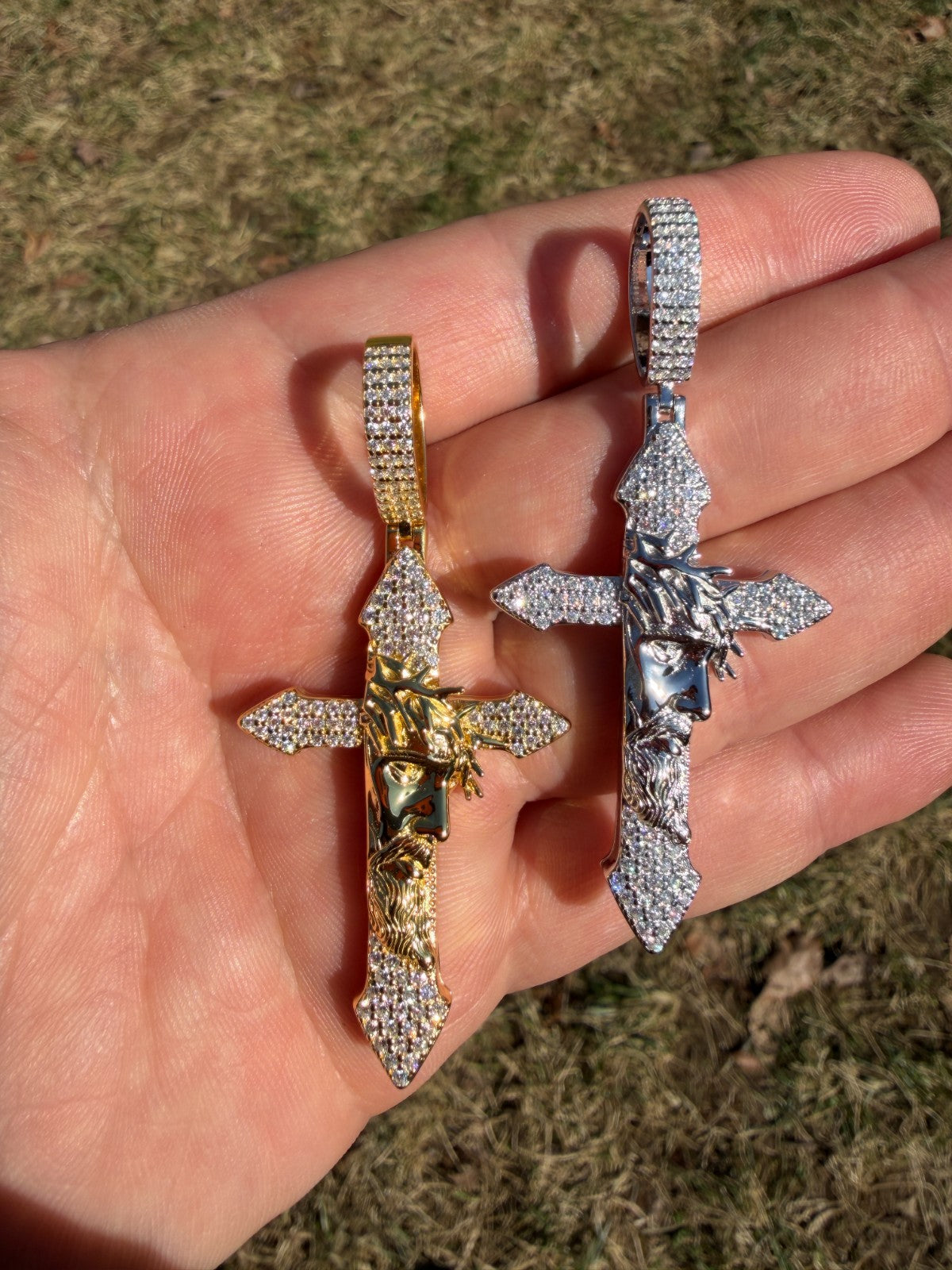 MOISSANITE Passion Of Christ Jesus On Gothic Cross Pendant - 14k Yellow Gold Vermeil Or 925 Silver - Large 2.5"