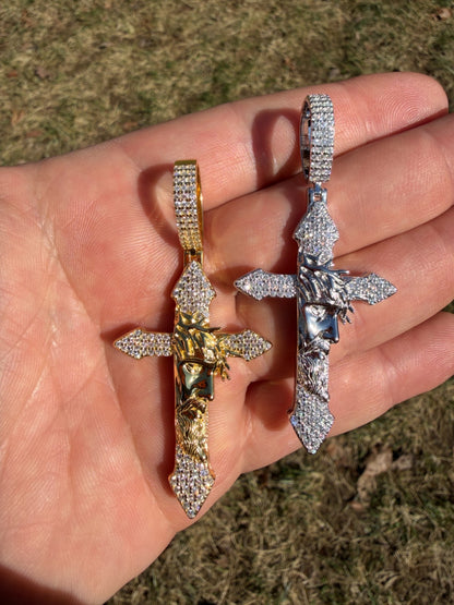 MOISSANITE Passion Of Christ Jesus On Gothic Cross Pendant - 14k Yellow Gold Vermeil Or 925 Silver - Large 2.5"