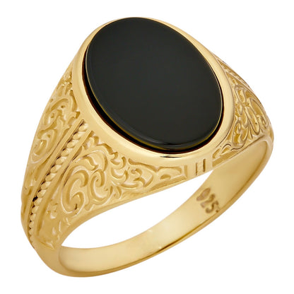 Columbian King Ring - 14k Gold Vermeil 925 Silver - Genuine Black Onyx Stone