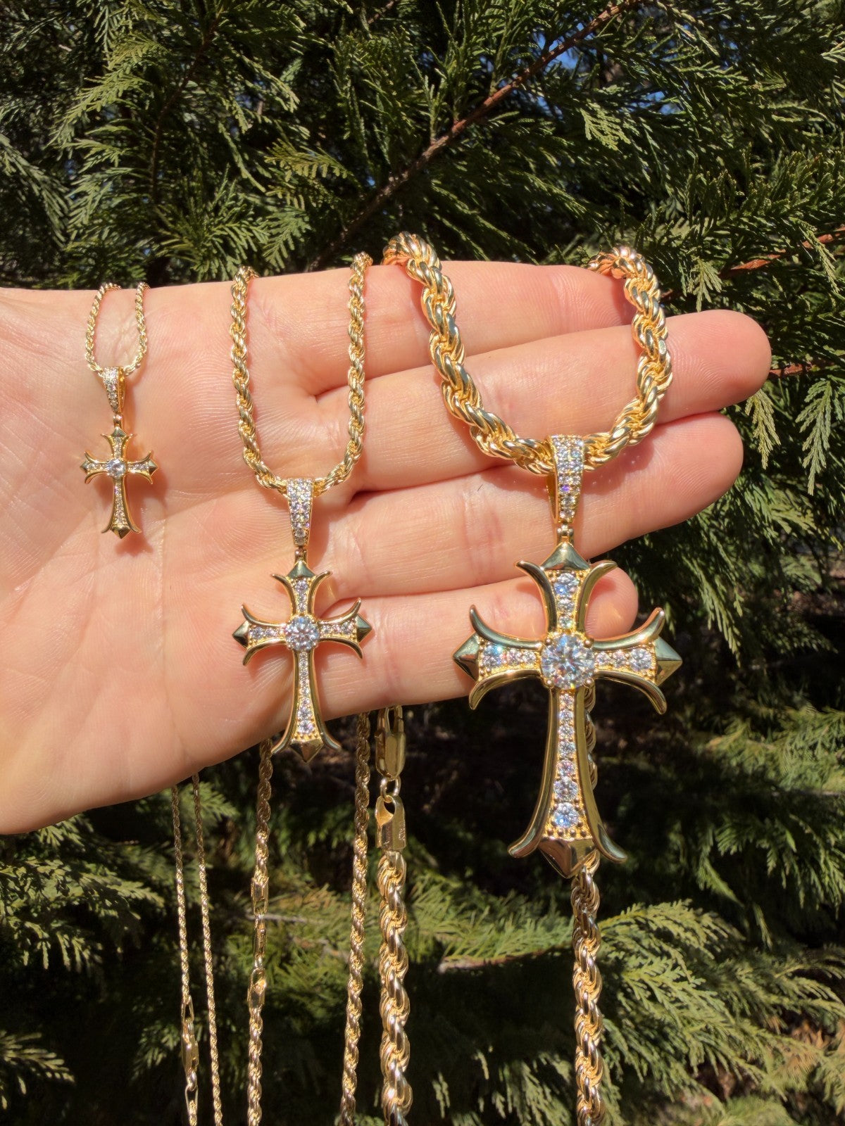 MOISSANITE Hearts Chrome Cross Pendant - 14k Gold Vermeil 925 Silver - 3 Sizes 0.75"-2.75"