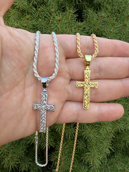 Viking Warrior Celtic Cross Pendant - 14k Gold Vermeil 925 Silver - Medium 1.75"