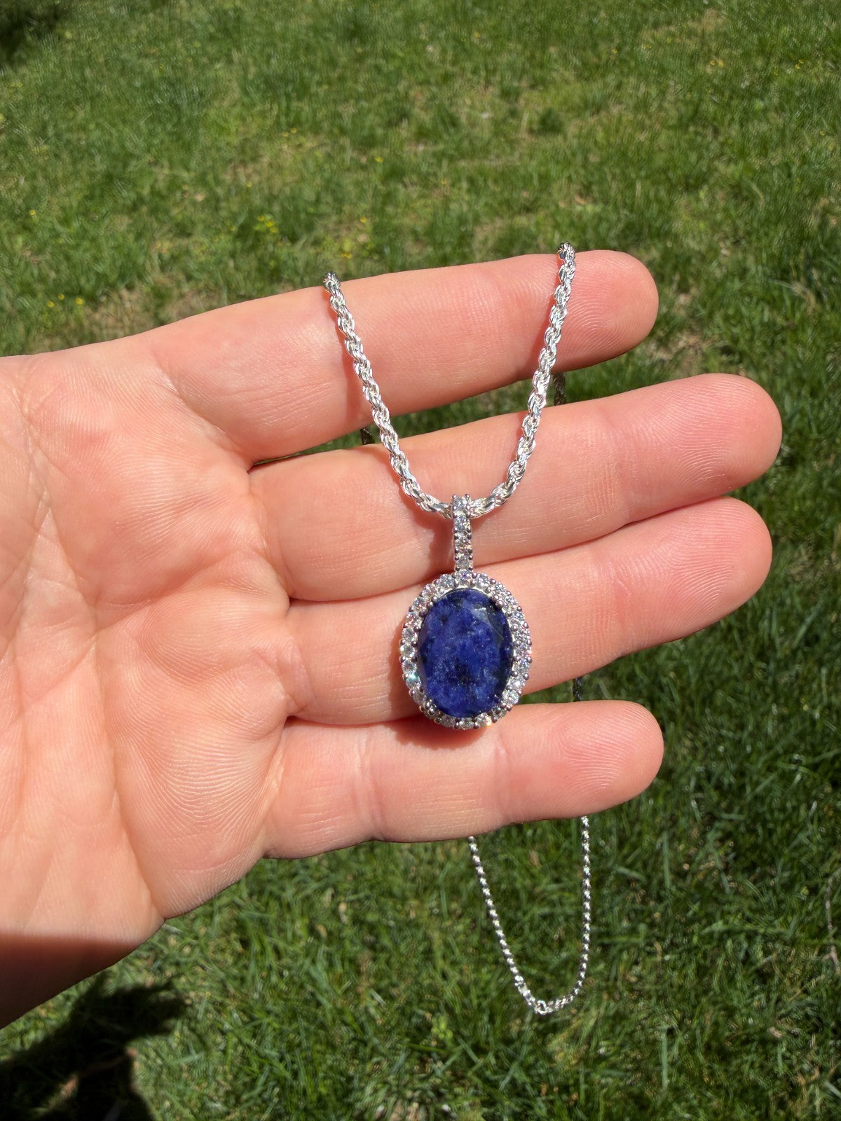 MOISSANITE Royalty Midnight Ocean Pendant - 925 Silver - Oval Genuine Blue Sapphire Stone