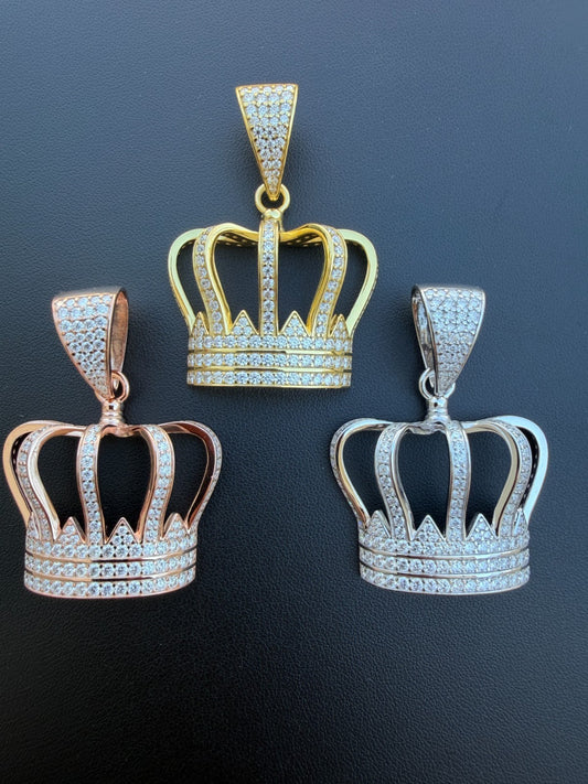 MOISSANITE Royalty Crown Pendant - 14k Yellow/Rose Gold Vermeil or 925 Silver - Large 2"