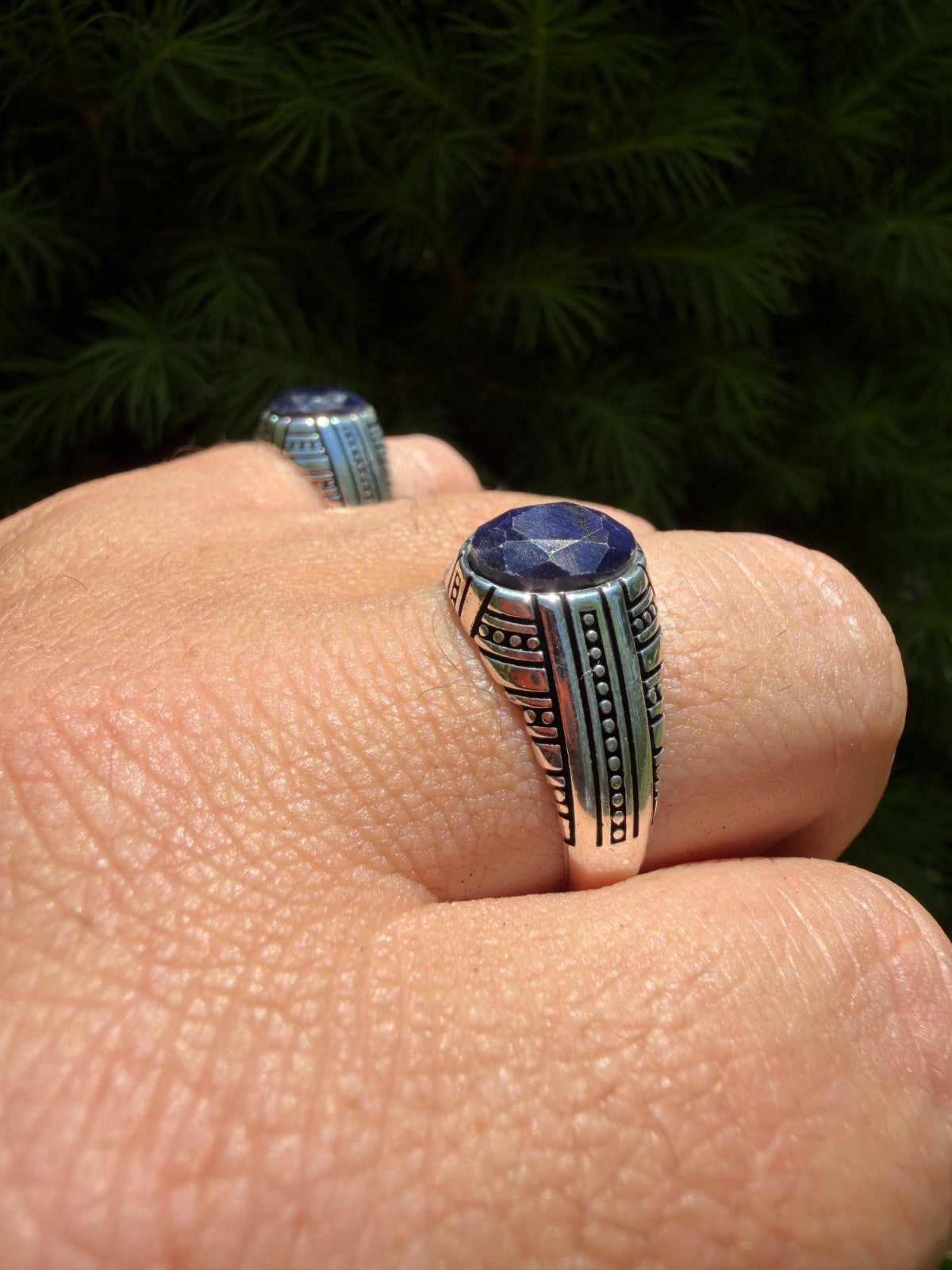 Navajo Tribe Ring - 925 Silver Oxidized - Genuine Blue Sapphire Stone
