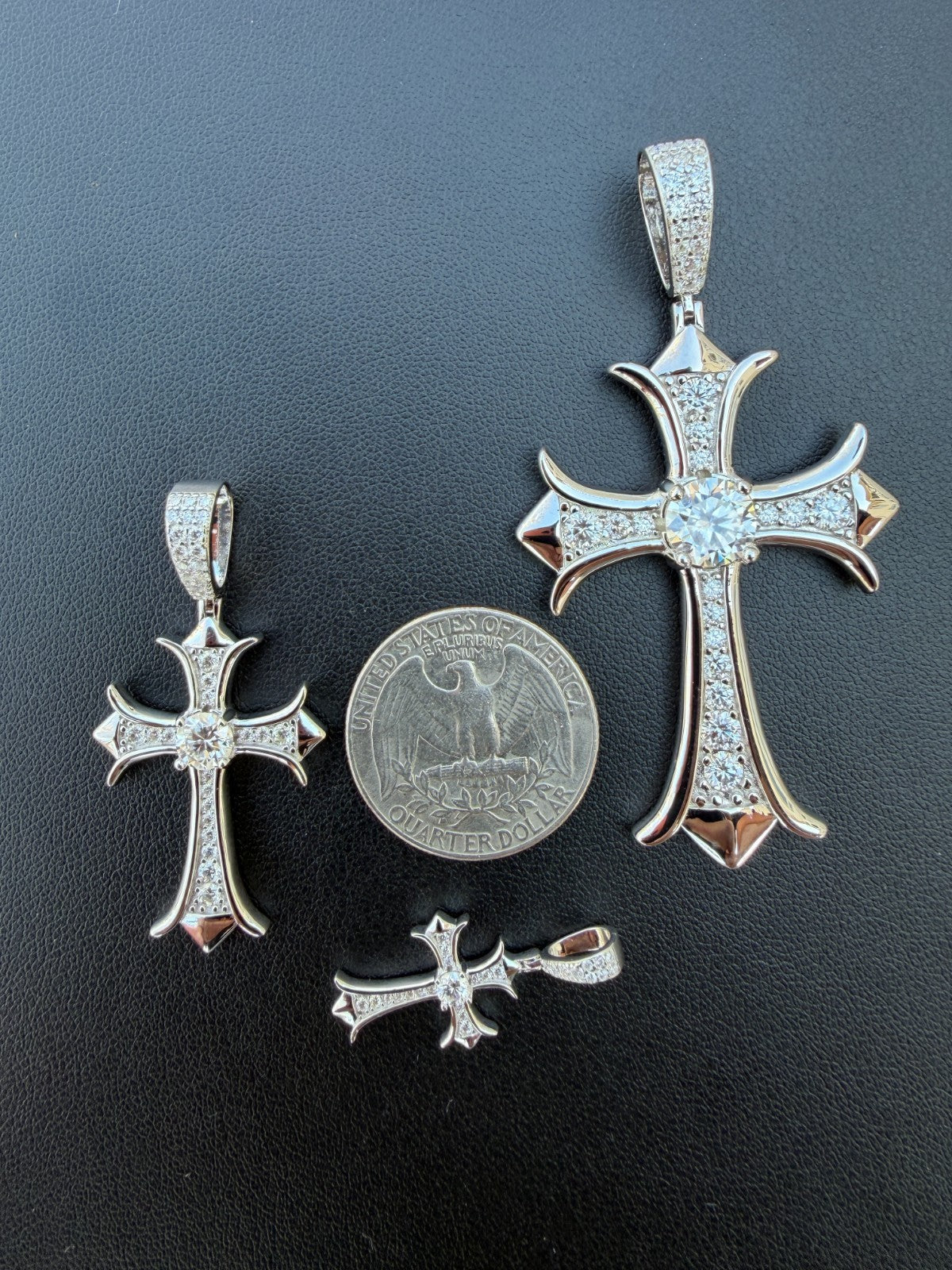 MOISSANITE Hearts Chrome Cross Pendant - 925 Silver - 3 Sizes 1"-2.75"