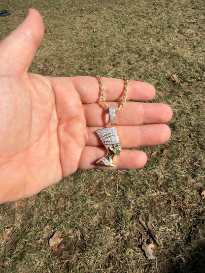 MOISSANITE Hip Iced Out Egyptian Queen Nefertiti Pendant - 14k Yellow Gold Vermeil Or 925 Silver - Medium 1.75"