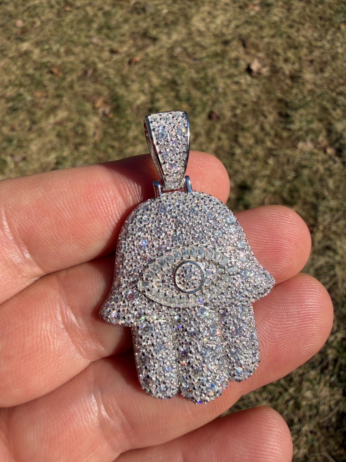 MOISSANITE Mosaic Setting Hamsa W. Evil Eye Pendant - 14k Yellow Gold Vermeil Or 925 Silver - Medium 2"