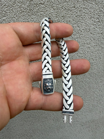 Wheat Link Bracelet With Custom Lion Sleek Clasp - 925 Sterling Silver Oxidized Gunmetal - 7"-9" - 10mm