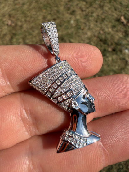 MOISSANITE Hip Iced Out Egyptian Queen Nefertiti Pendant - 14k Yellow Gold Vermeil Or 925 Silver - Medium 1.75"