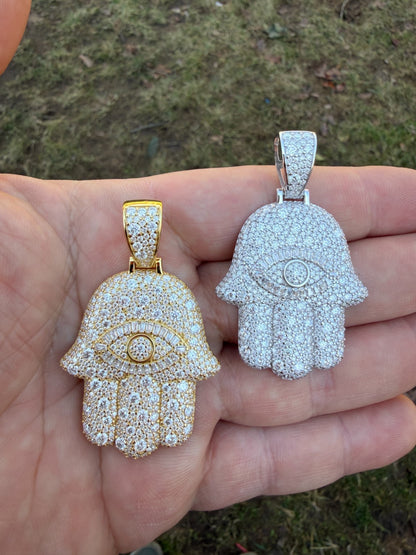 MOISSANITE Mosaic Setting Hamsa W. Evil Eye Pendant - 14k Yellow Gold Vermeil Or 925 Silver - Medium 2"