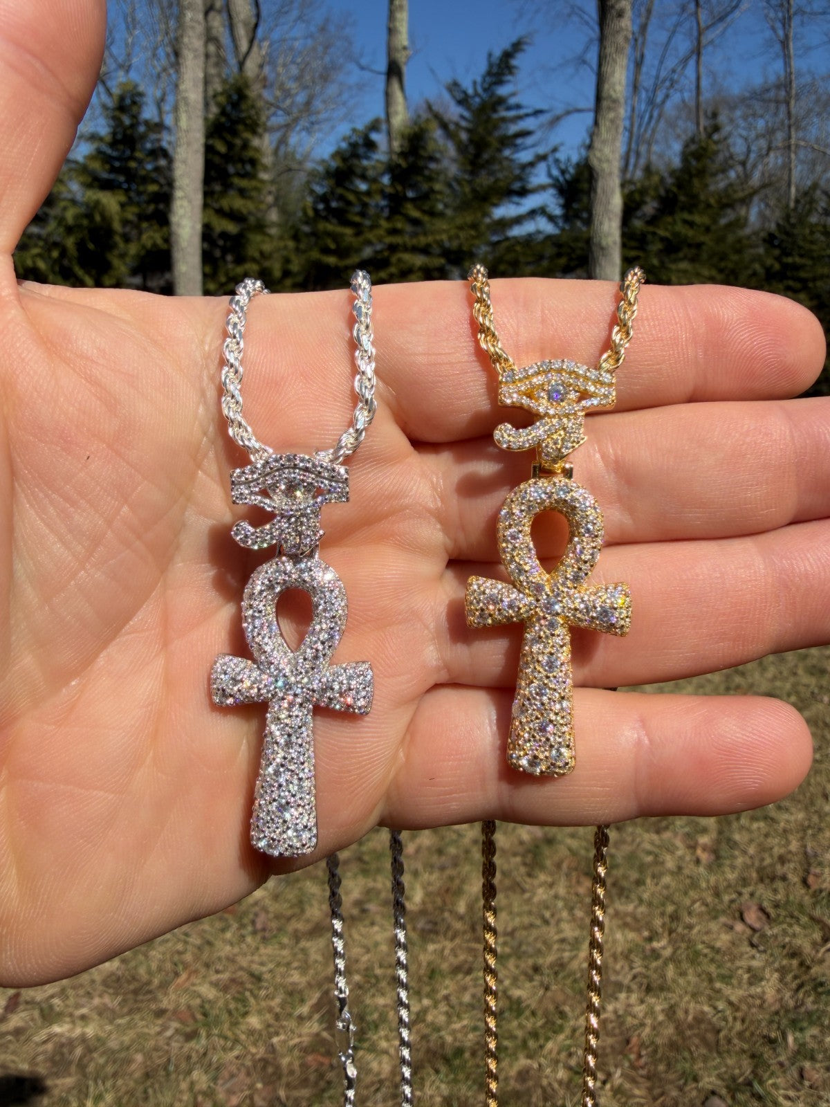 MOISSANITE Mosaic Setting Ankh W. Eye Of Horus Pendant - 14k Yellow Gold Vermeil Or 925 Silver - Medium 2"