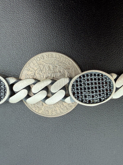 Mens Miami Cuban Link Bracelet W. Iced Out Black CZ Stones - 925 Silver - 8.5" - 12mm
