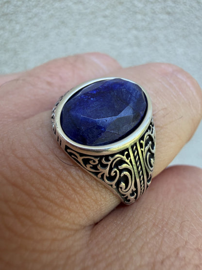Columbian King Ring - 925 Silver Oxidized - Genuine Blue Sapphire Stone
