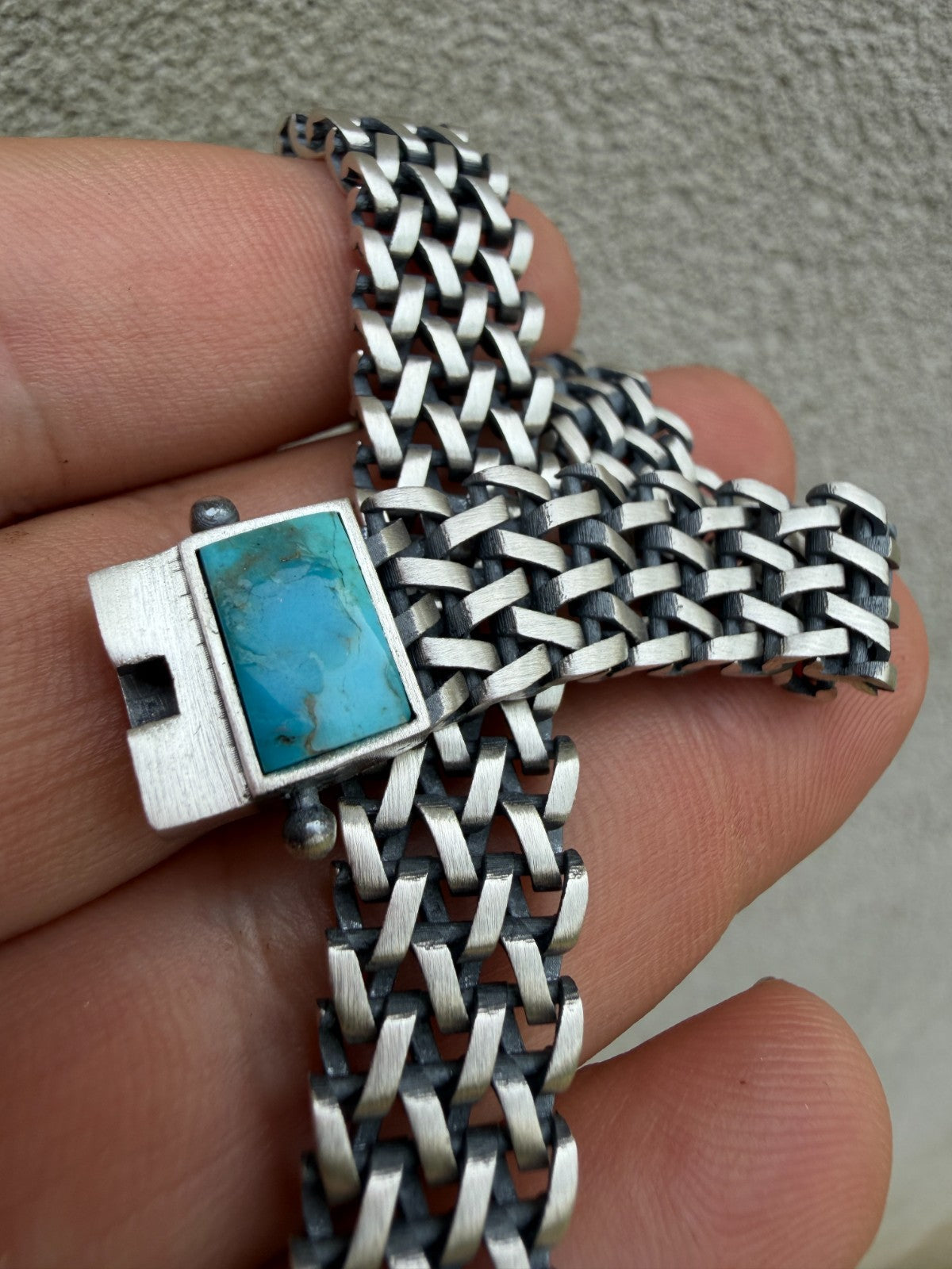 Mens Turquoise Wheat Woven Link Bracelet - 925 Sterling Silver - 8.5" - 12mm