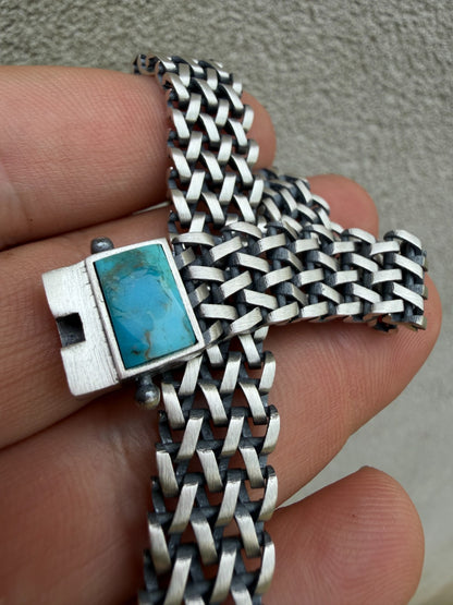 Mens Turquoise Wheat Woven Link Bracelet - 925 Sterling Silver - 8.5" - 12mm