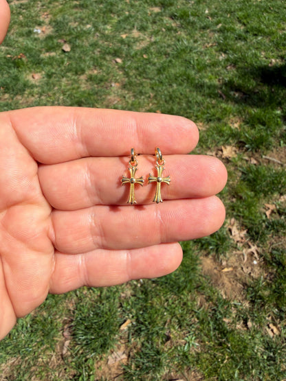 Hearts Of Chrome Studs W. Dangle Cross Earrings - 14k Gold Vermeil 925 Silver