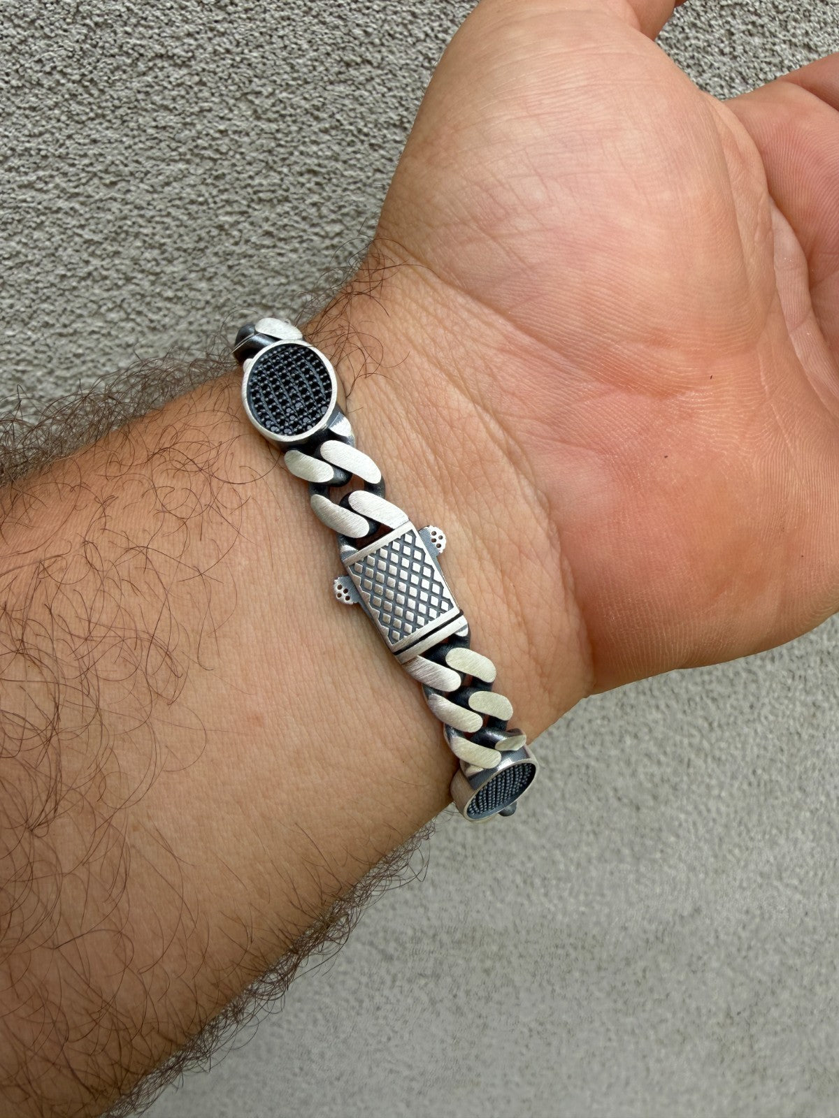 Mens Miami Cuban Link Bracelet W. Iced Out Black CZ Stones - 925 Silver - 8.5" - 12mm