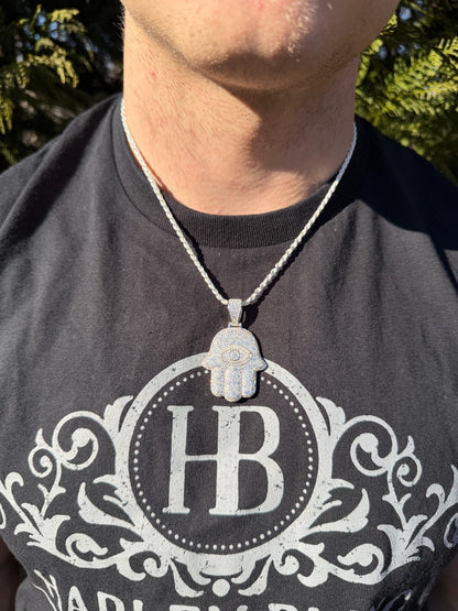 MOISSANITE Mosaic Setting Hamsa W. Evil Eye Pendant - 14k Yellow Gold Vermeil Or 925 Silver - Medium 2"