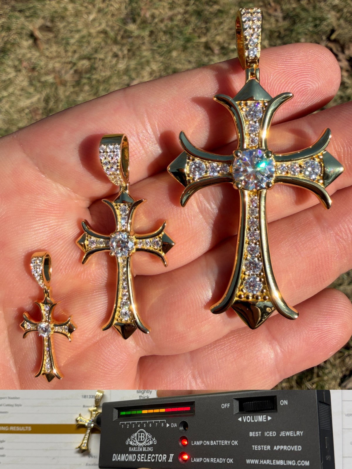 MOISSANITE Hearts Chrome Cross Pendant - 14k Gold Vermeil 925 Silver - 3 Sizes 0.75"-2.75"