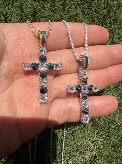 MOISSANITE Black & White Upside Down Set Cross Pendant - 14k Yellow Gold Vermeil Or 925 Silver - Medium 2"