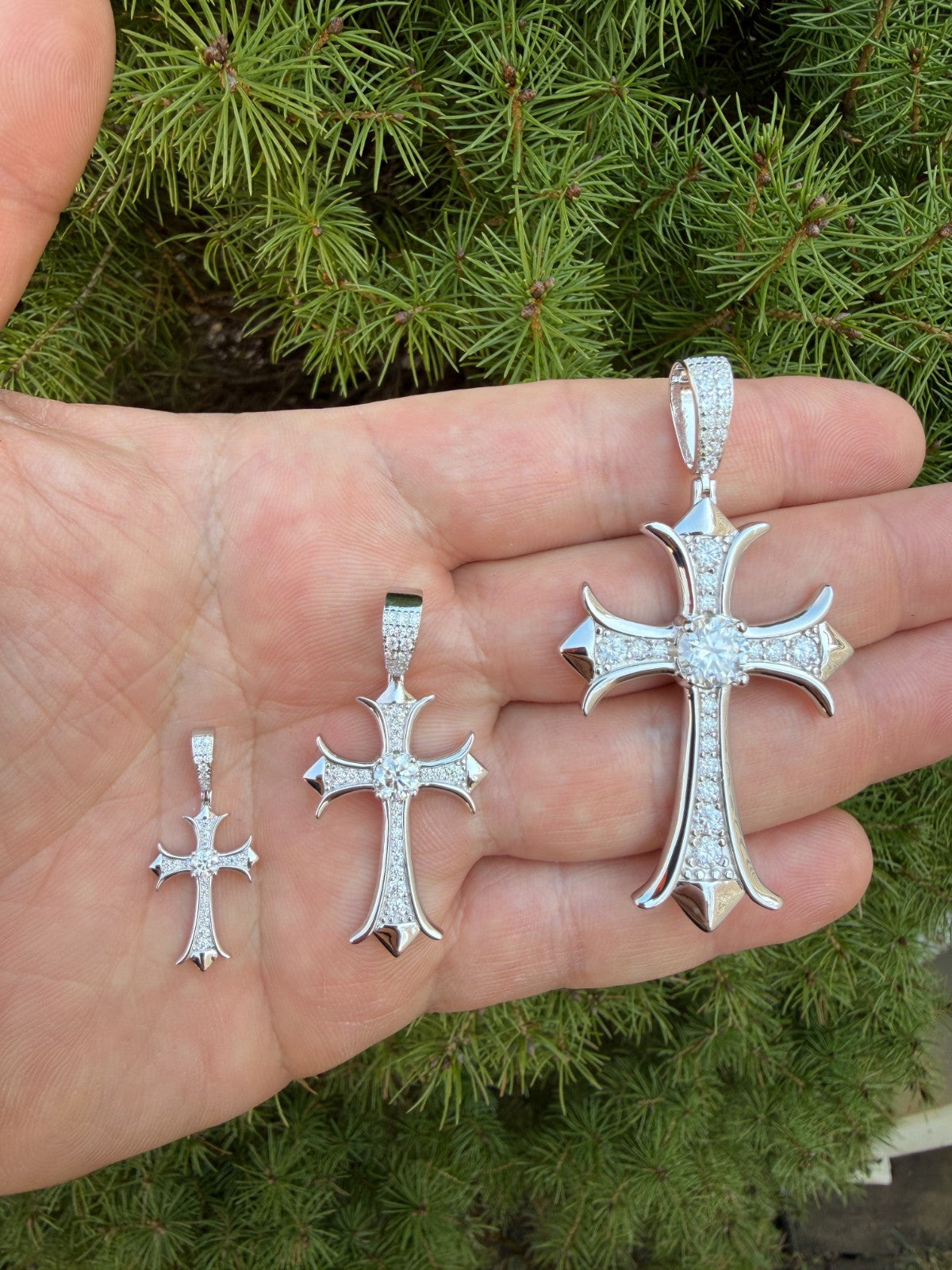 MOISSANITE Hearts Chrome Cross Pendant - 925 Silver - 3 Sizes 1"-2.75"