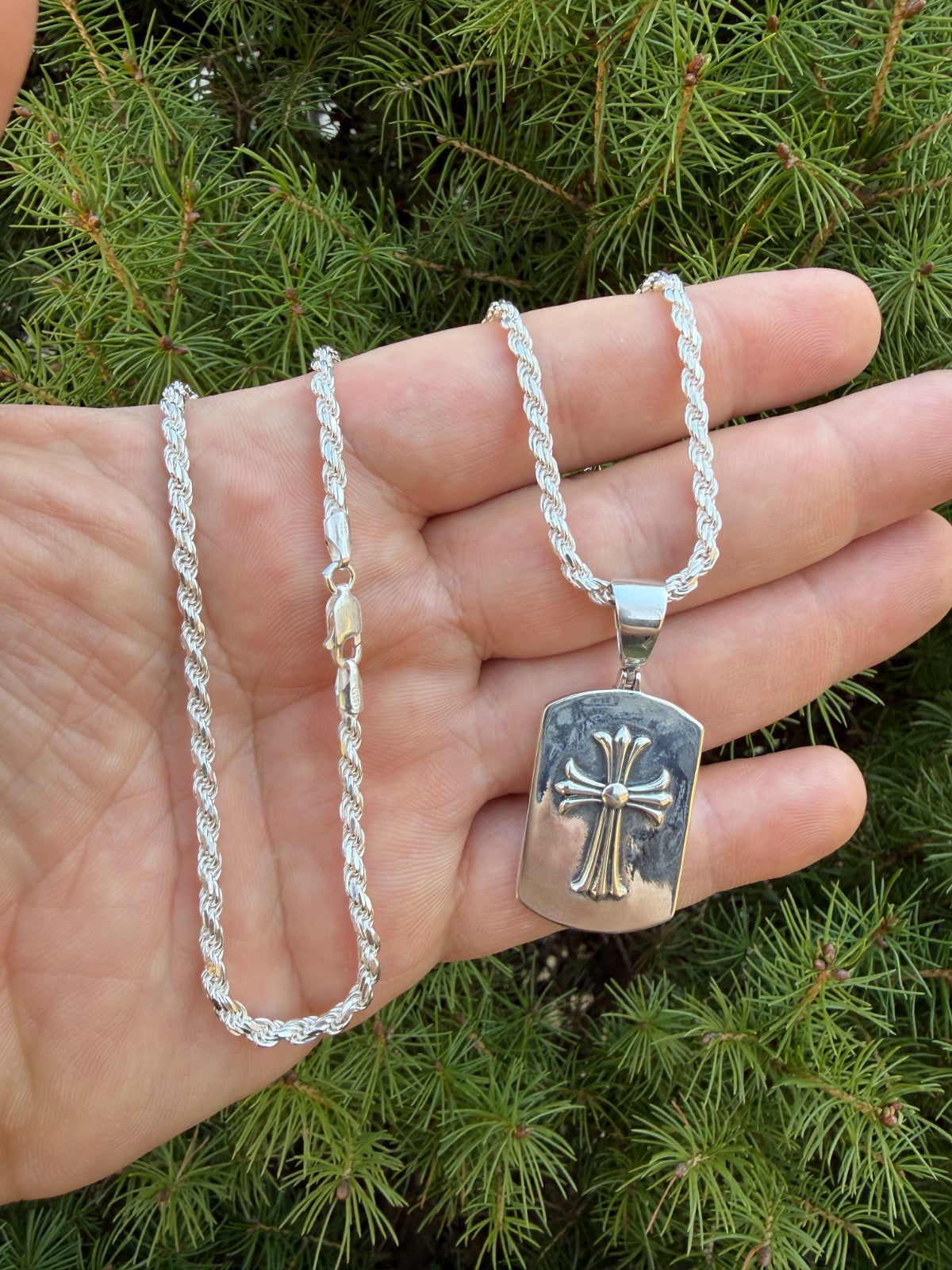 Hearts Chrome Dog Tag Cross Pendant - 925 Silver - 3 Sizes 1"-2.75"