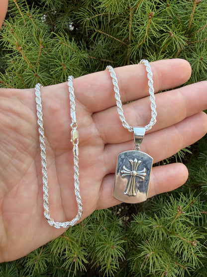 Hearts Chrome Dog Tag Cross Pendant - 925 Silver - 3 Sizes 1"-2.75"